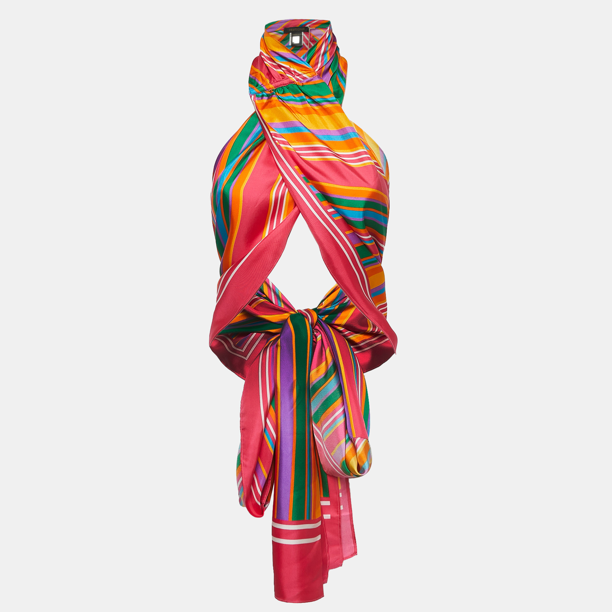 Roberto Cavalli Multicolor Striped Silk Wrap Top One Size