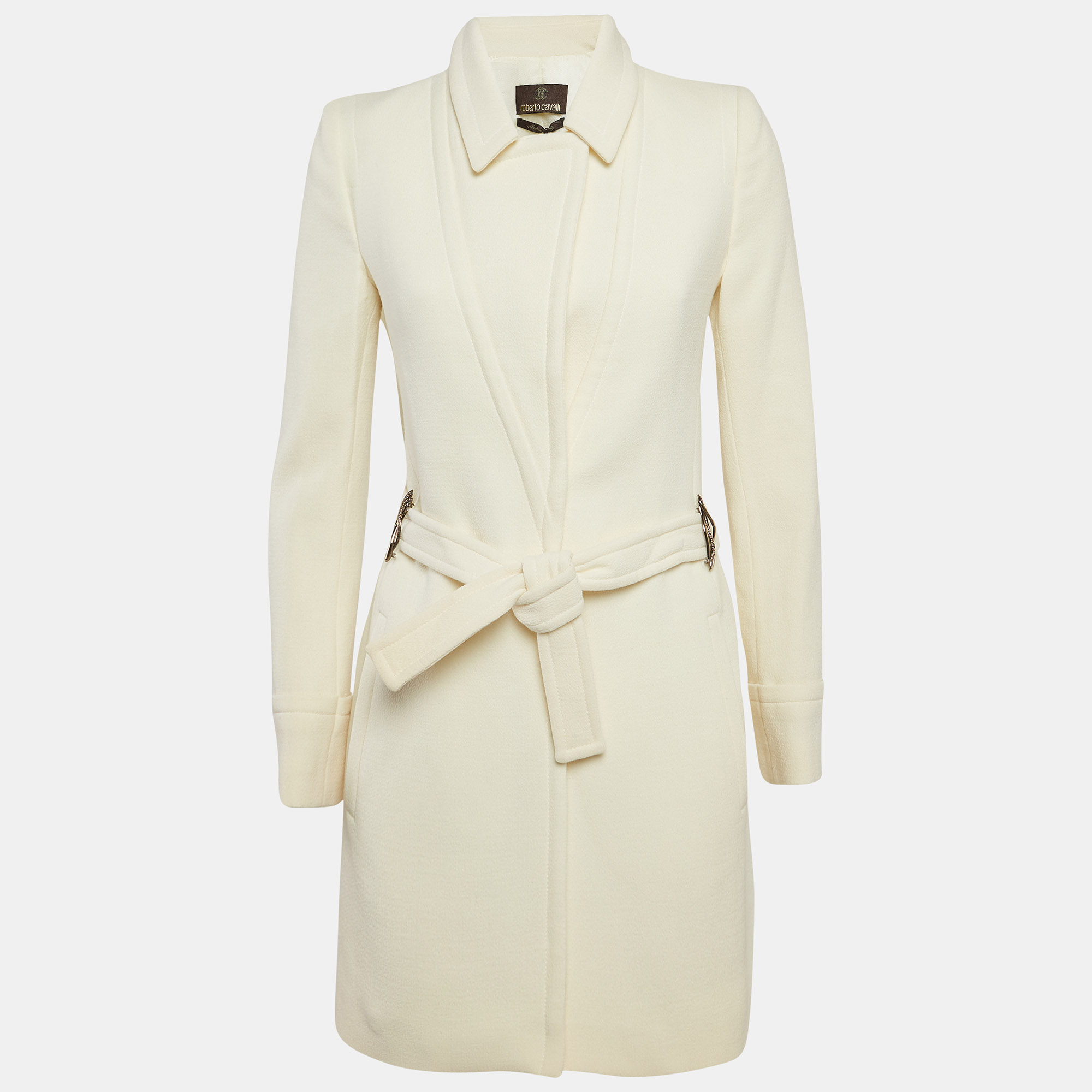 

Roberto Cavalli Off White Wool Belted Mid-Length Coat