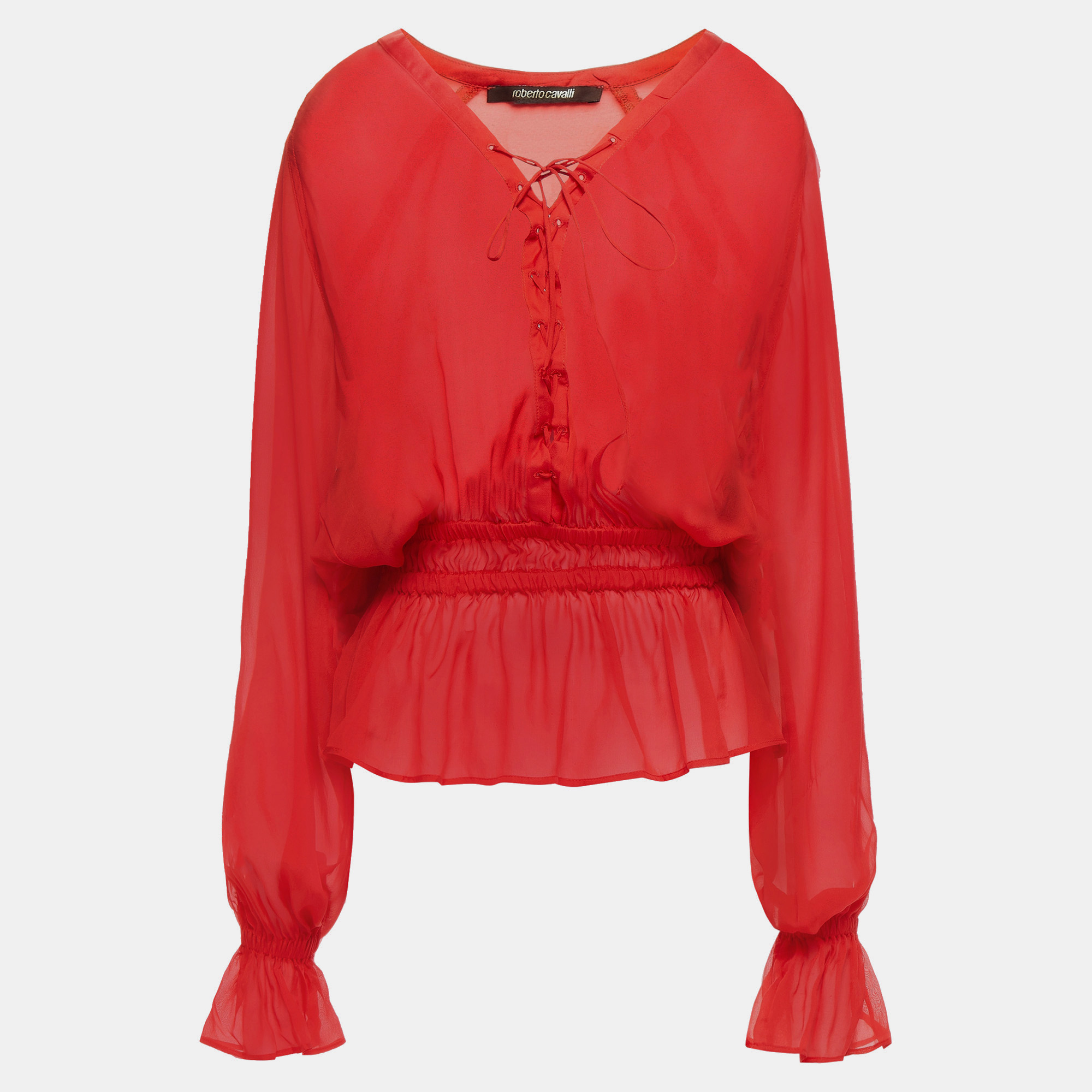 Roberto cavalli red silk lace up sheer blouse l (it 44)