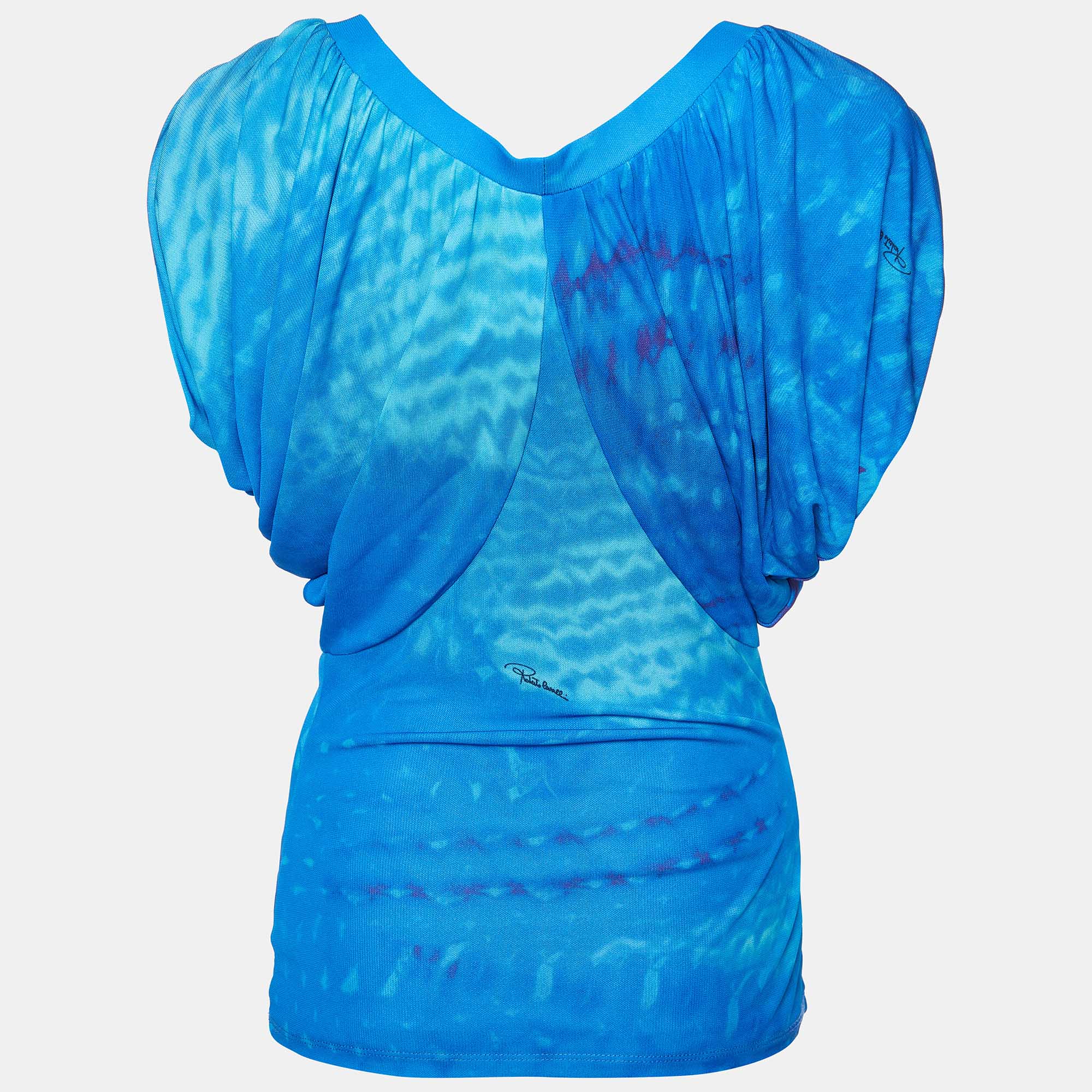 Roberto Cavalli Blue Printed Jersey Draped Sleeve Top S