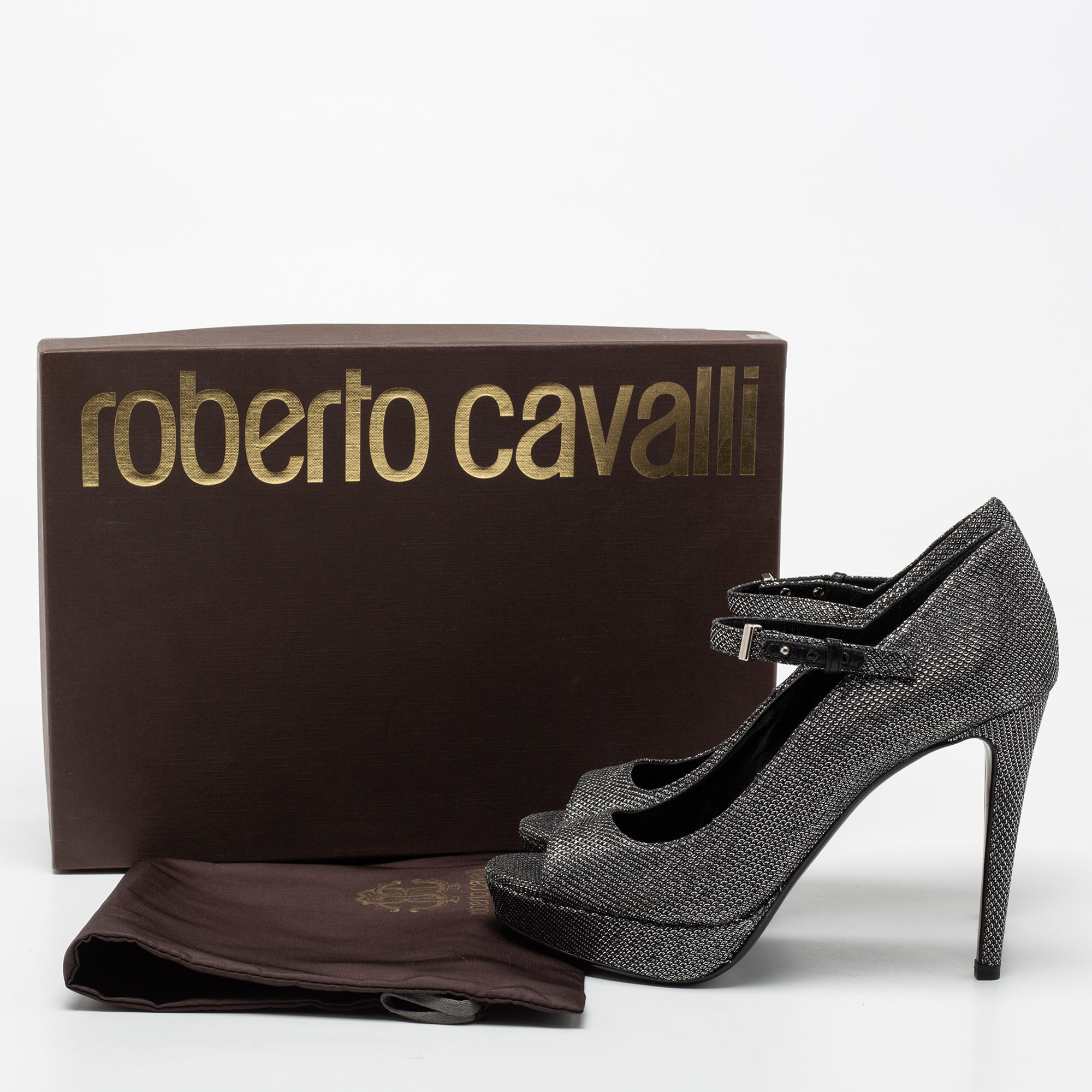 Roberto Cavalli Metallic Silver/Black Glitter Peep Toe Platform Pumps Size 36.5