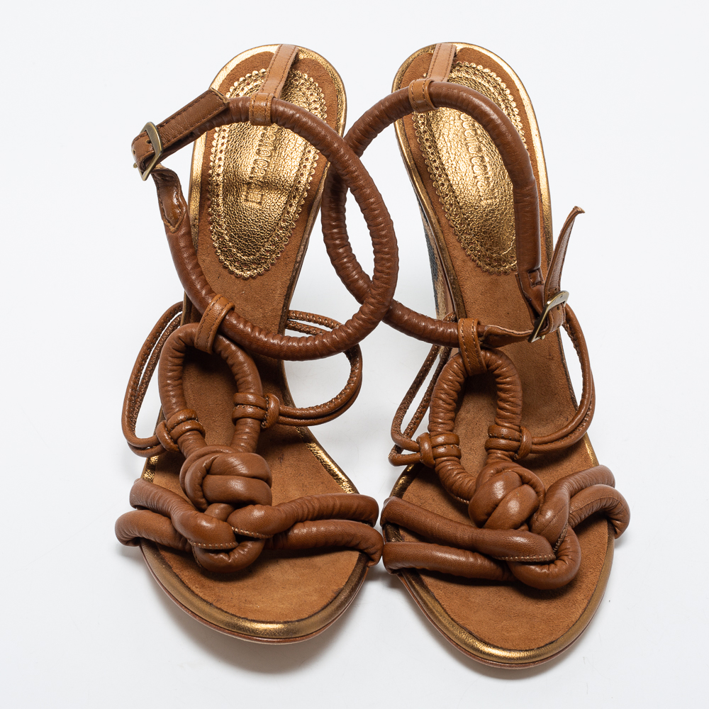 Roberto Cavalli Brown Knotted Leather Ankle Strap Sandals Size 39.5
