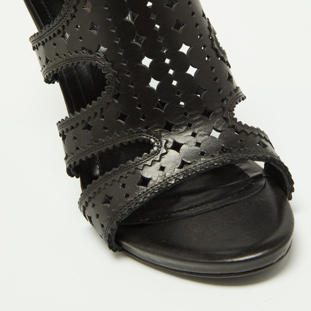 Roberto Cavalli Black Laser Cut Leather Ankle Strap Sandals Size 40