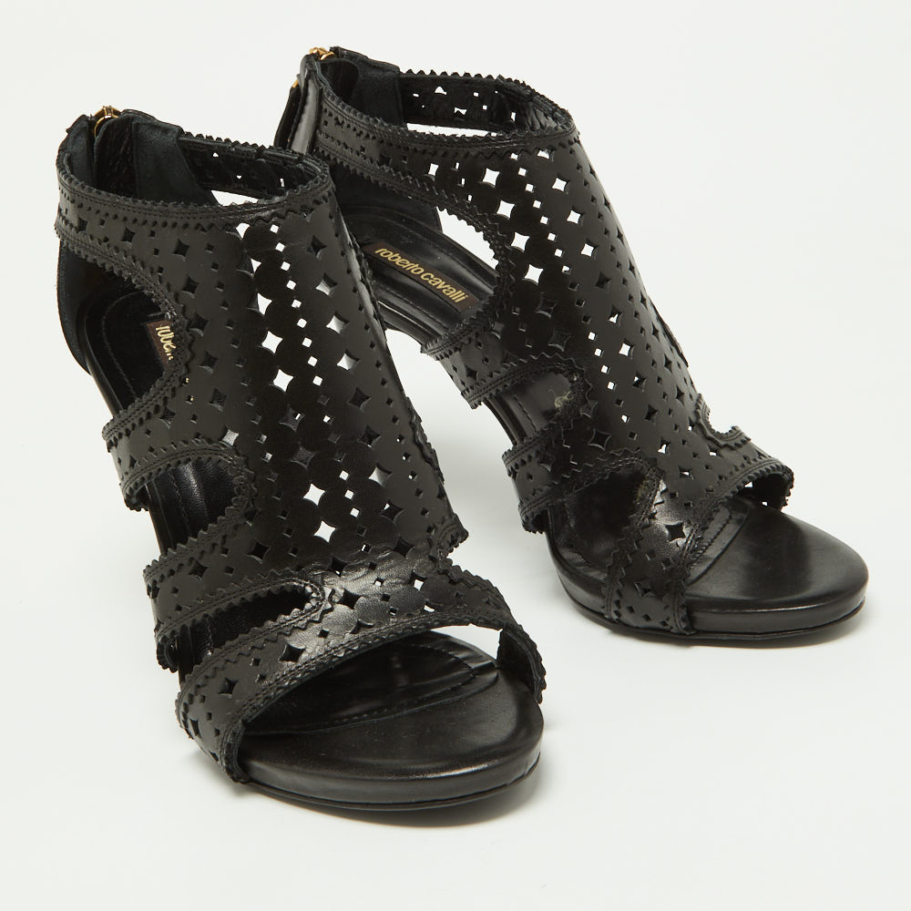 Roberto Cavalli Black Laser Cut Leather Ankle Strap Sandals Size 40