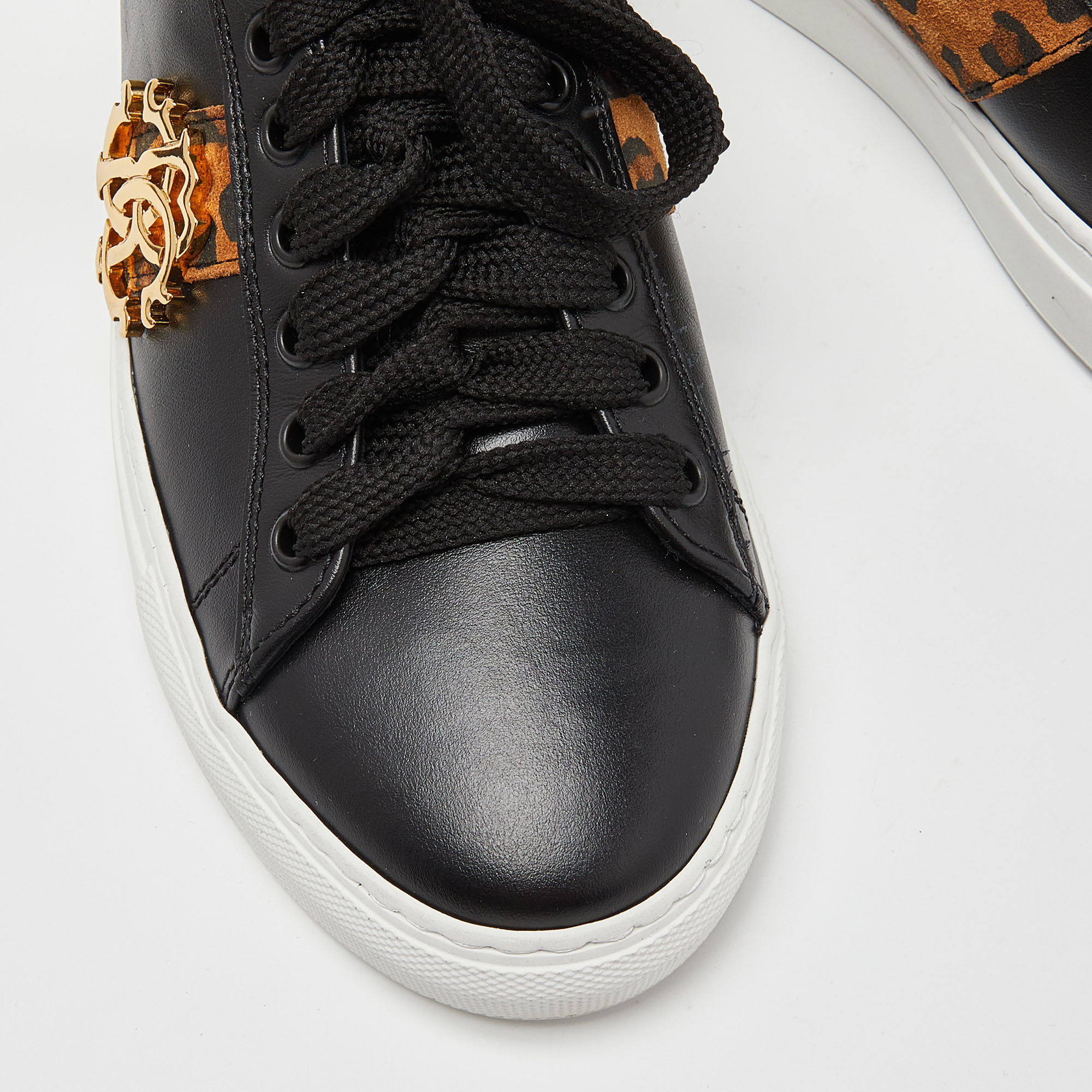 Roberto Cavalli Black Leather And Nubuck Slip On Sneakers Size 36