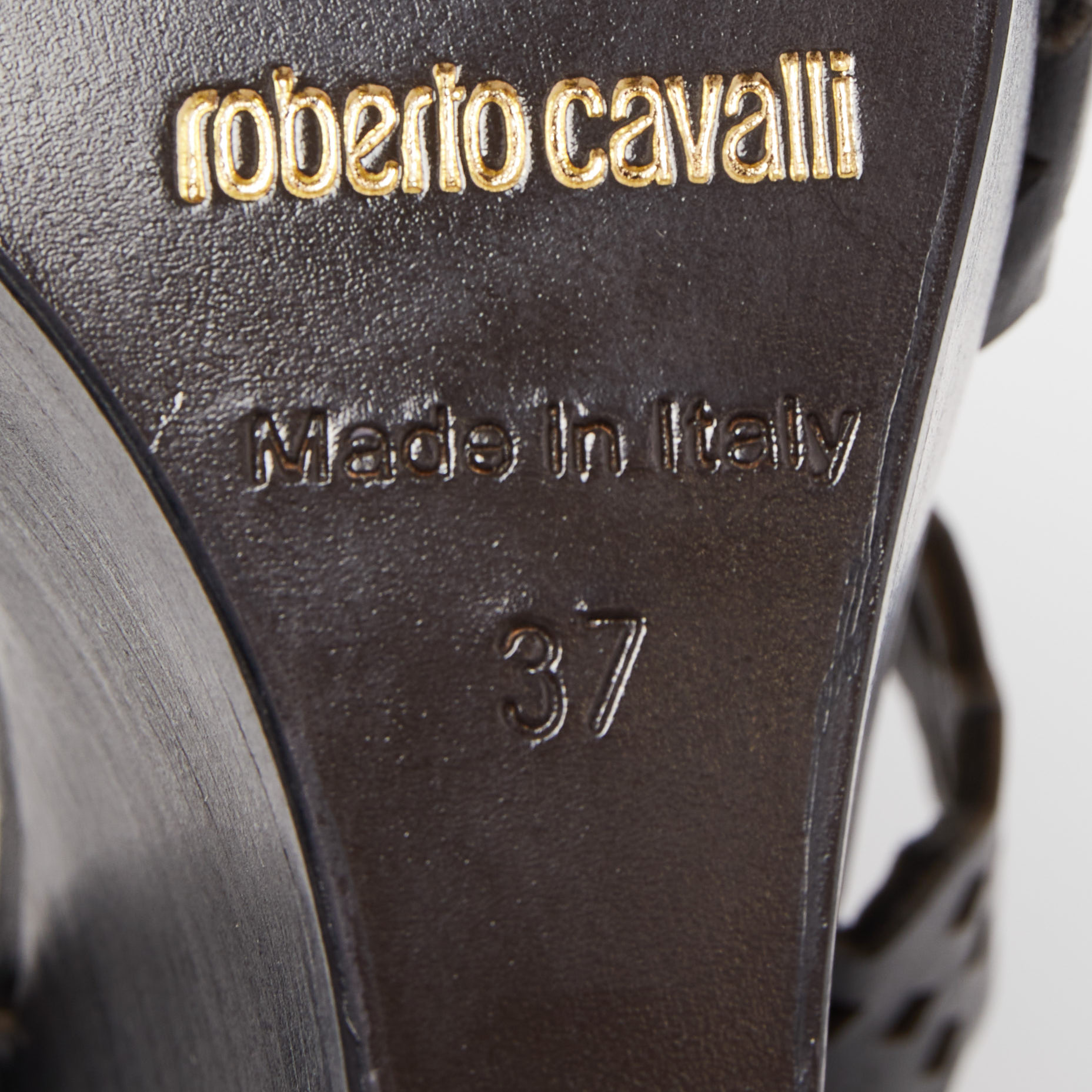 Roberto Cavalli Black Laser Cut Leather Ankle Strap Wedge Sandals Size 37