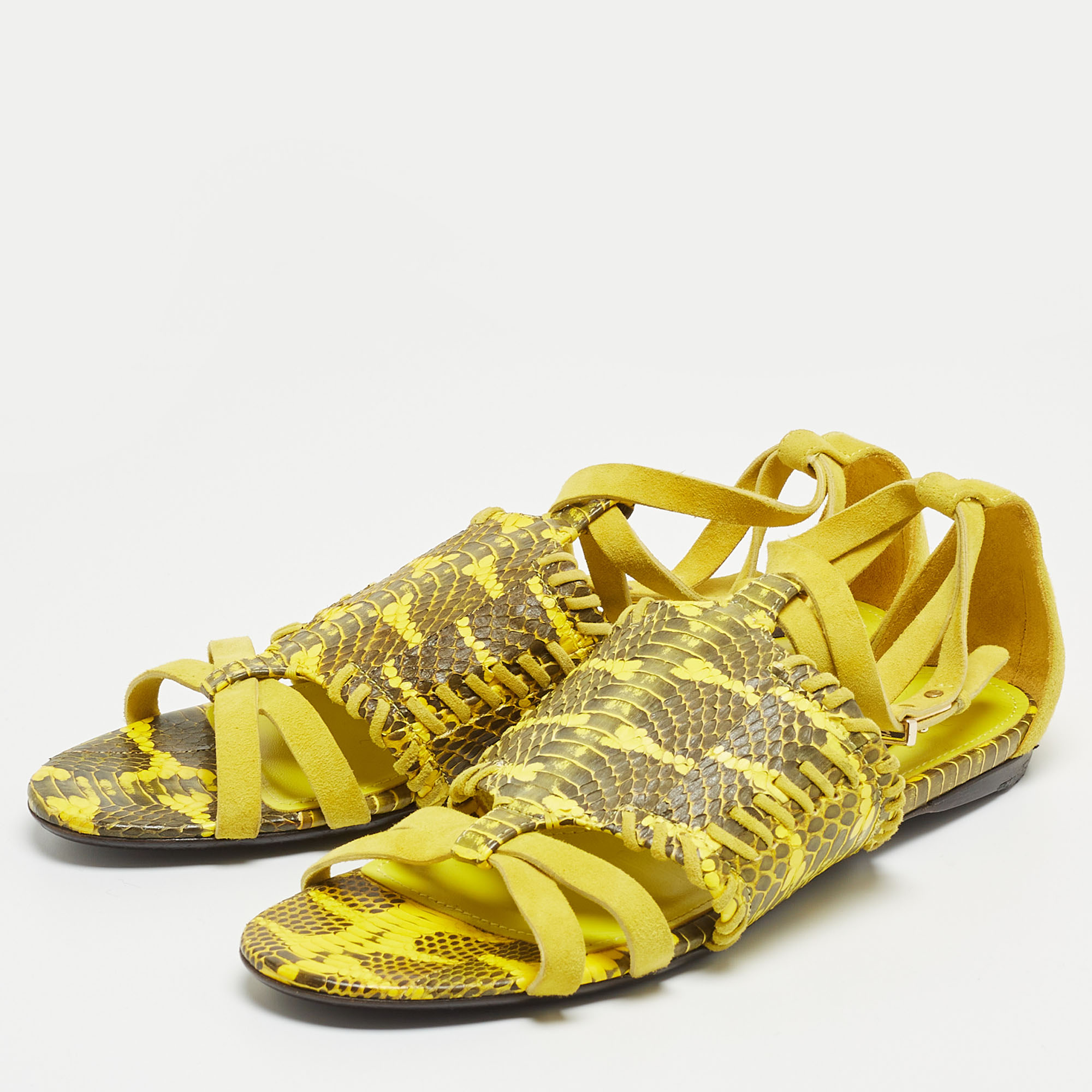 

Roberto Cavalli Yellow Python and Suede Ankle Strap Flats Sandals Size