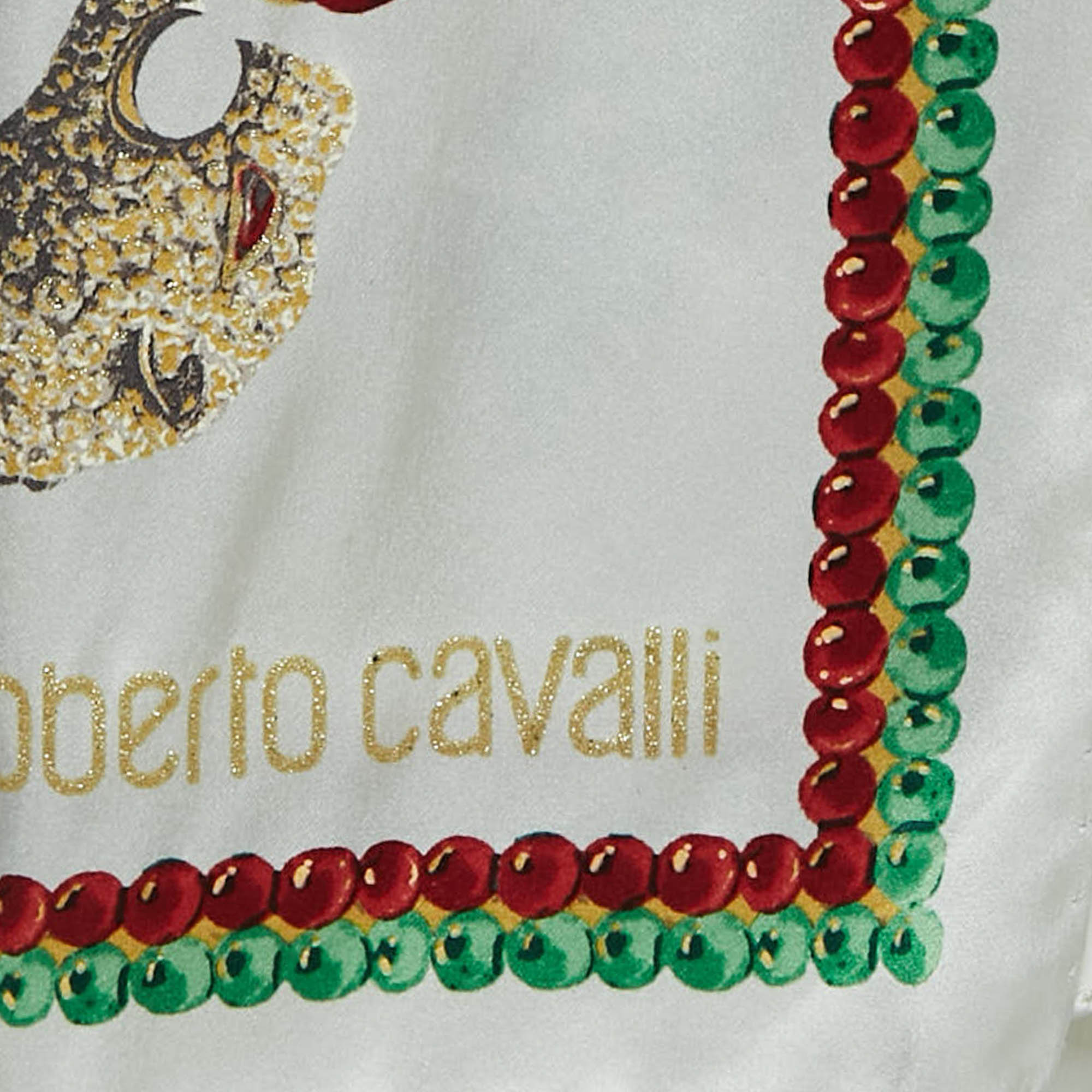 Roberto Cavalli White Glittered Print Satin Silk Scarf