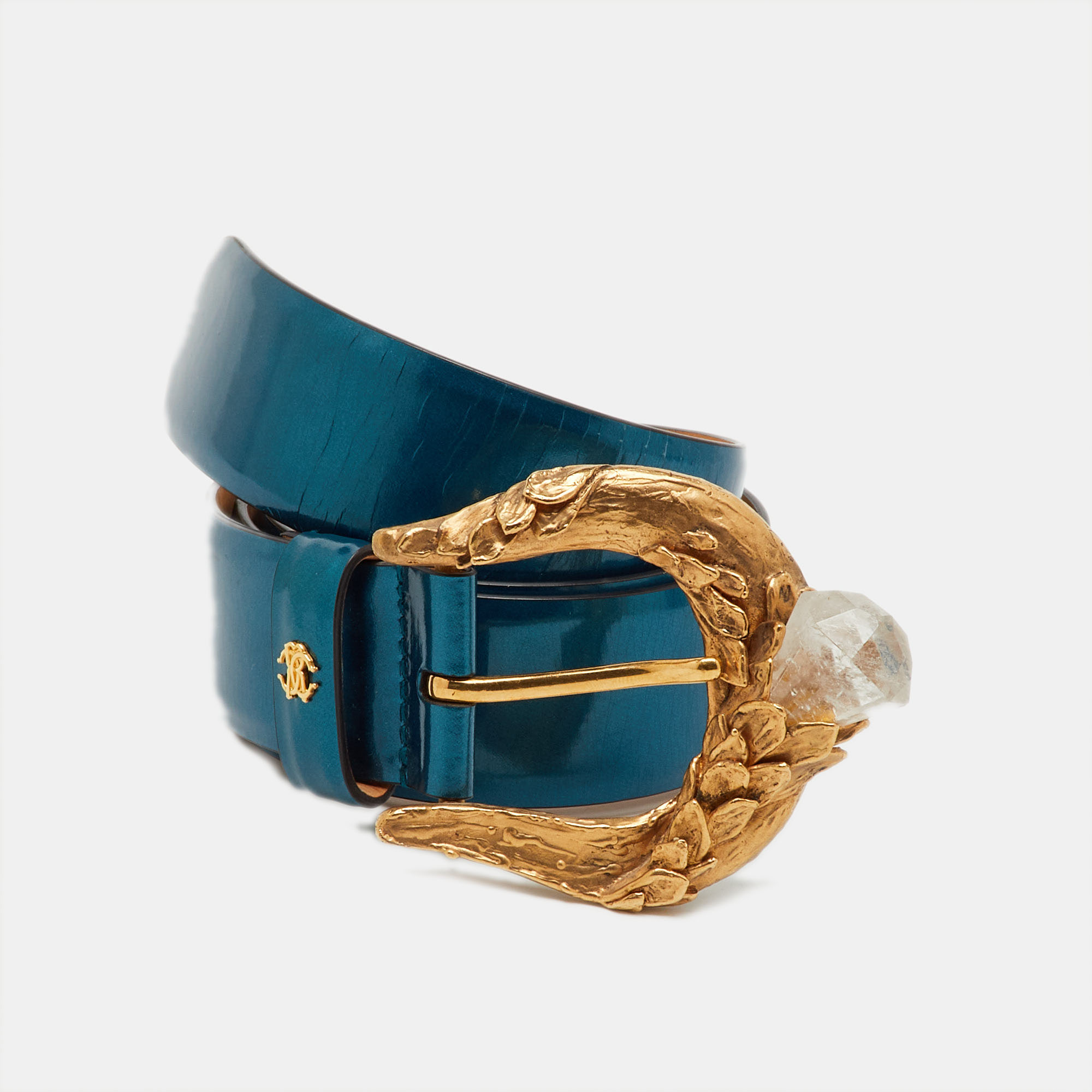 Roberto Cavalli Teal Blue Patent Leather Crystal Buckle Belt 
Roberto Cavalli Teal Blue Patent Leather Crystal Buckle Belt