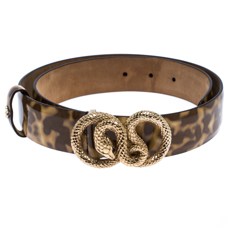 

Roberto Cavalli Brown/Cream Patent Leather Snake Buckle Belt