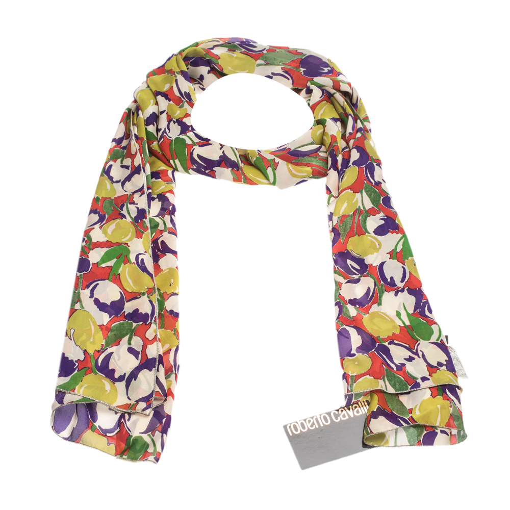 Image of Roberto Cavalli Multicolor Abstract Floral Print Silk Scarf