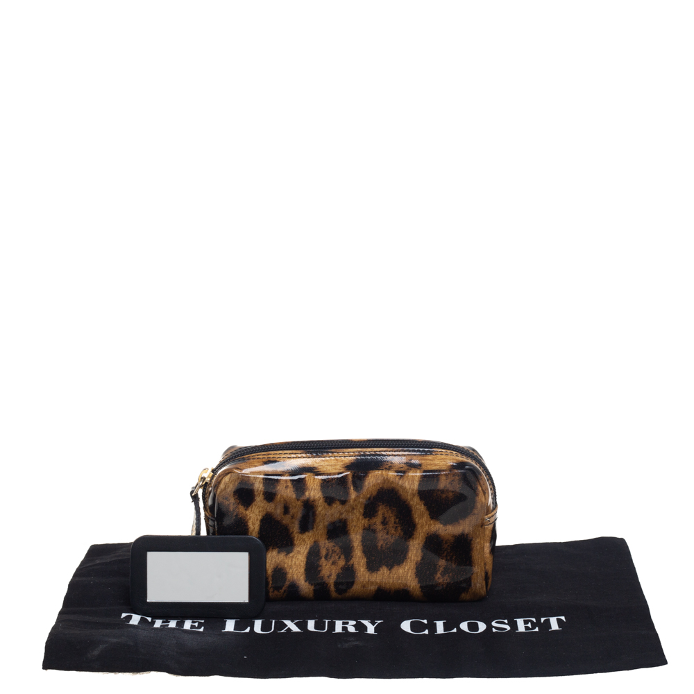 Roberto Cavalli Beige/Brown Leopard Print Patent Leather Cosmetic Pouch
