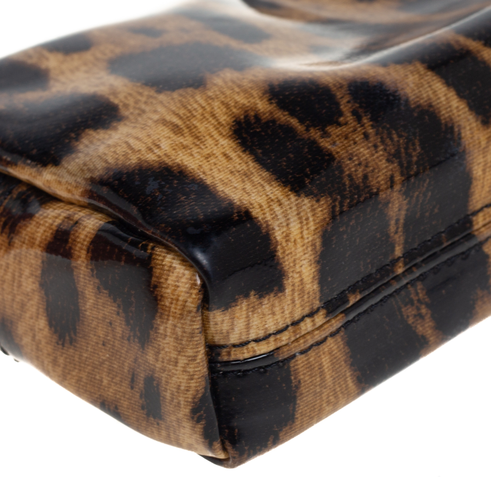 Roberto Cavalli Beige/Brown Leopard Print Patent Leather Cosmetic Pouch