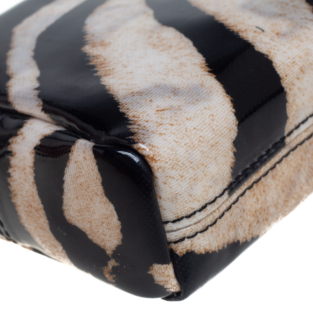 Roberto Cavalli  Black/Beige Zebra Print Patent Leather Cosmetic Pouch