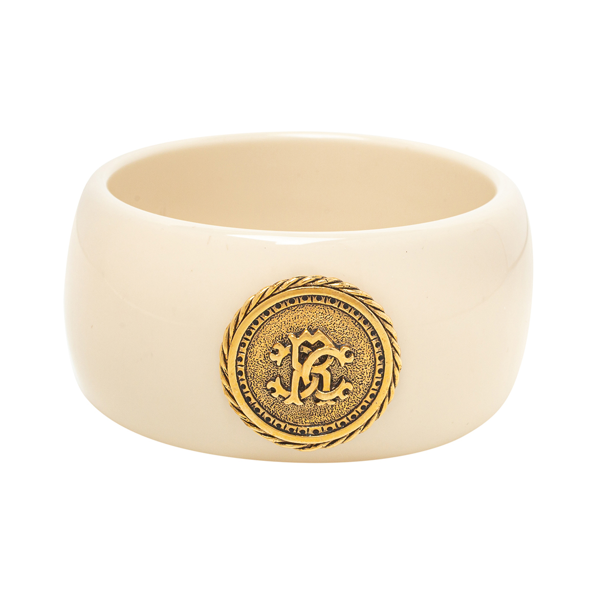 Roberto Cavalli Cream Resin Logo Medallion Wide Bangle Bracelet