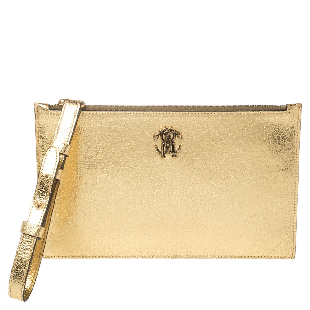 Roberto Cavalli Gold Crackled Leather Zip Pouch