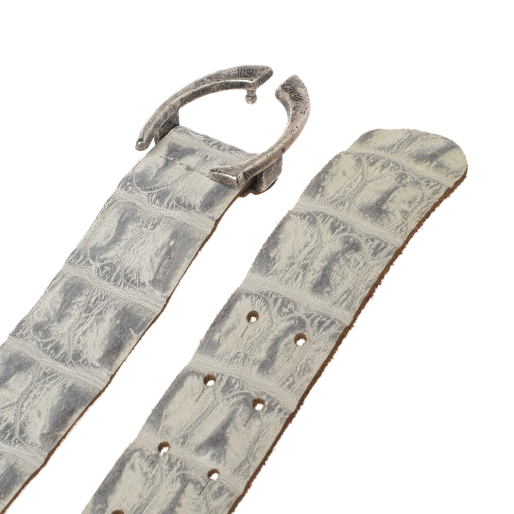 Roberto Cavalli Grey/White Croc Embossed Leather Buckle Belt 85CM