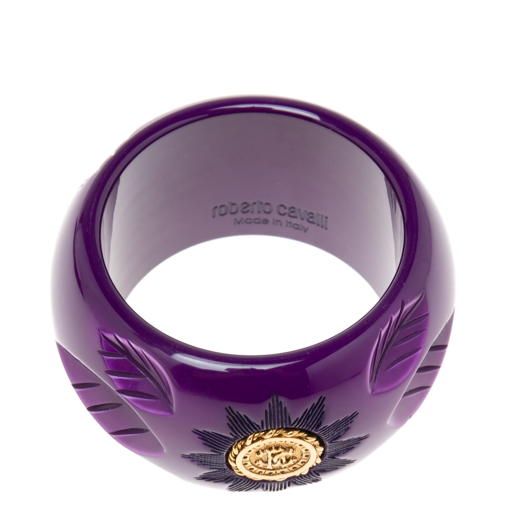 Roberto Cavalli Purple Floral Engraved Bangle Bracelet