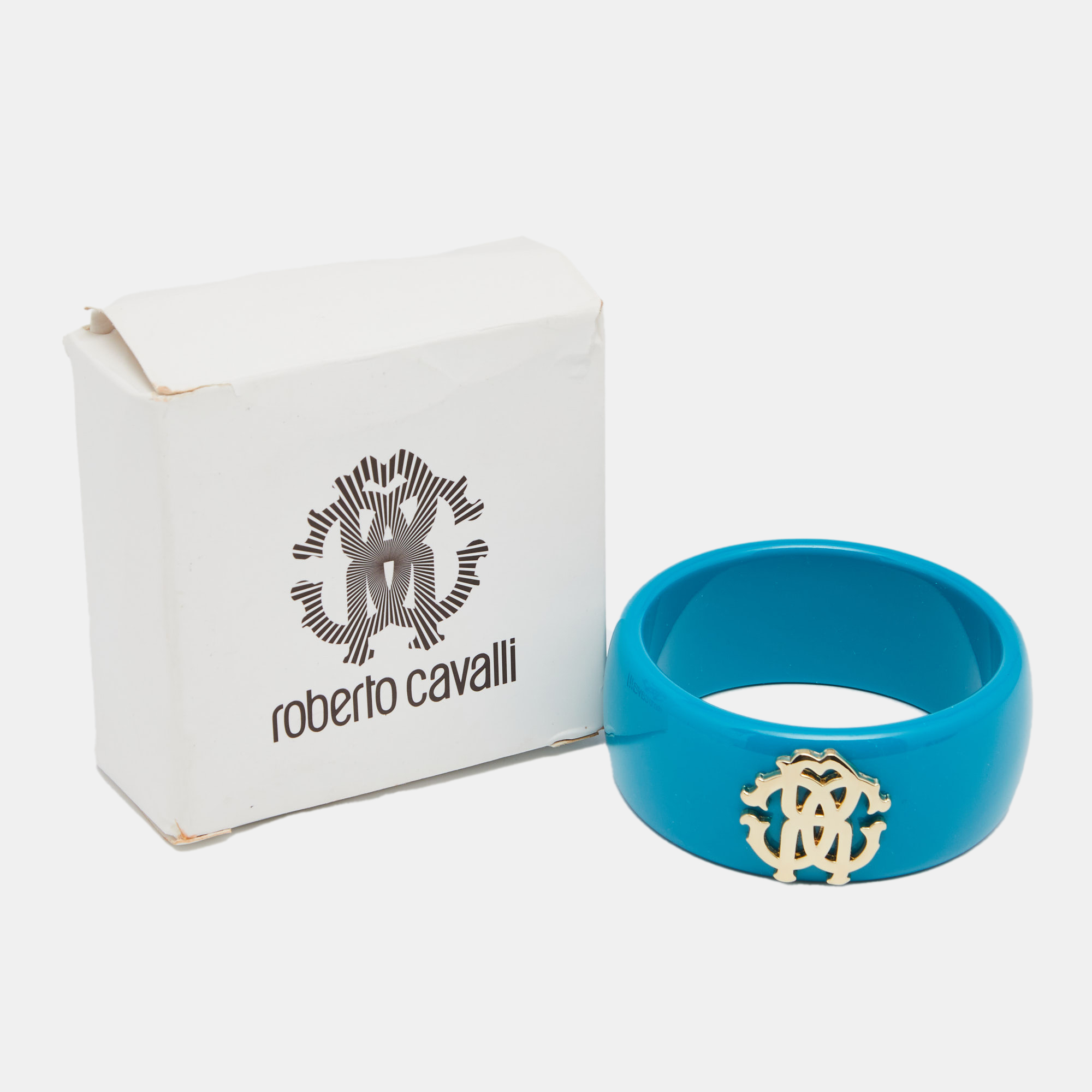 Roberto Cavalli Teal Blue Logo Wide Bangle Bracelet