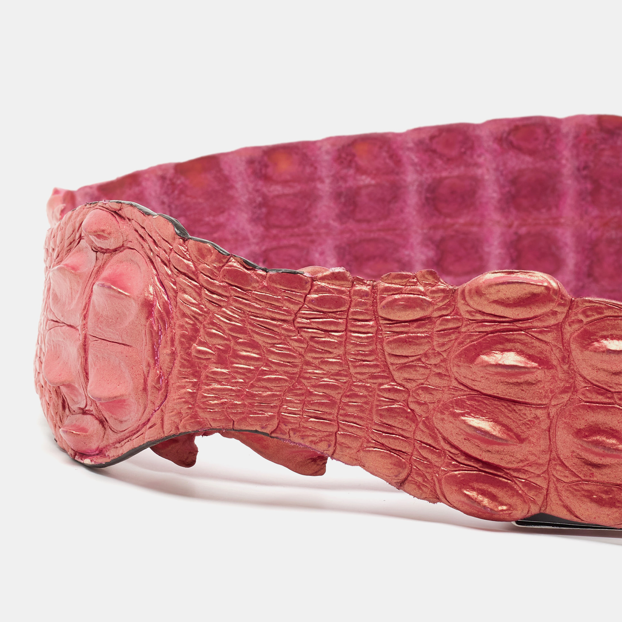 Roberto Cavalli Pink Crocodile Back Horn Waist Belt