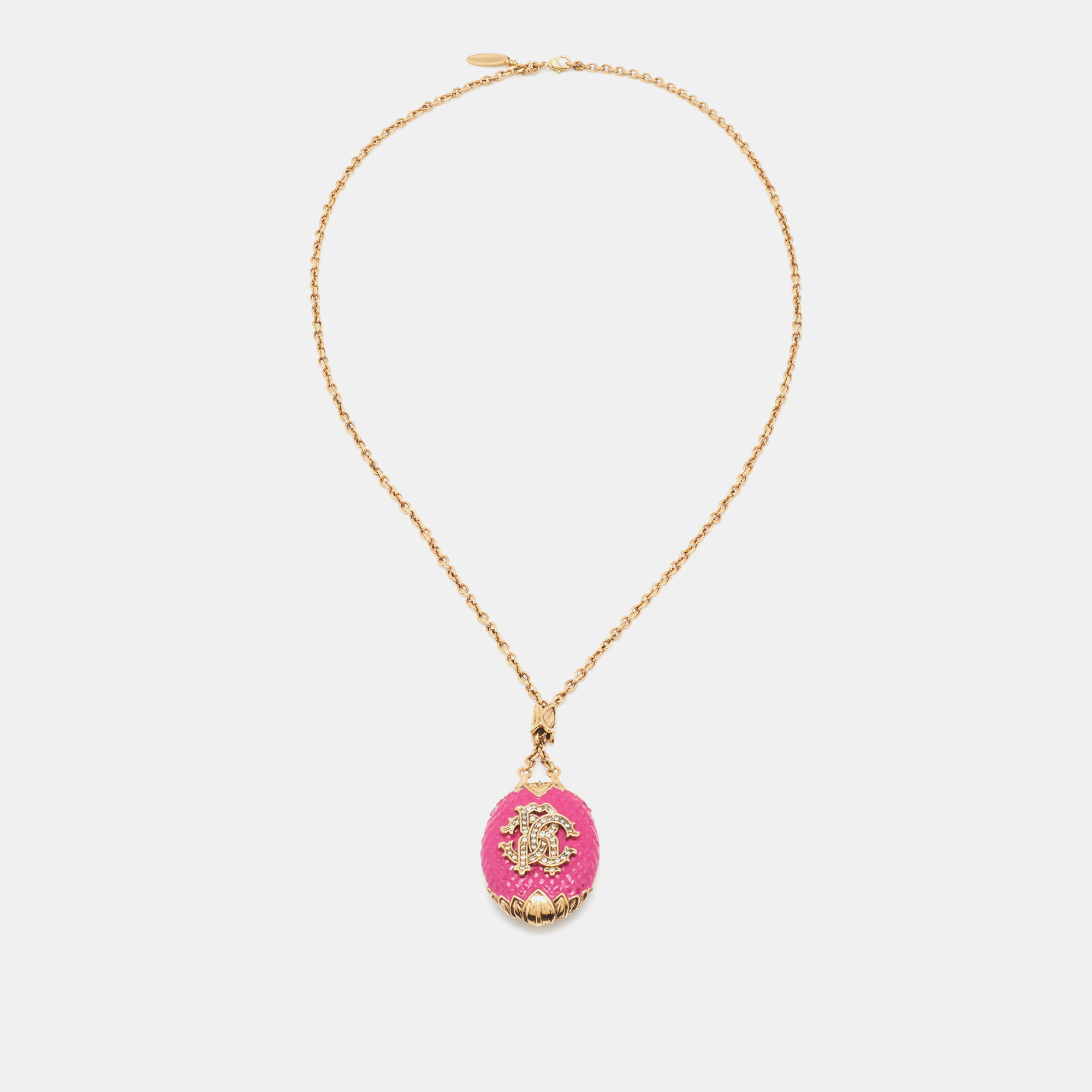 

Roberto Cavalli Gold Tone Pink Enamel Crystal Logo Pendant Necklace