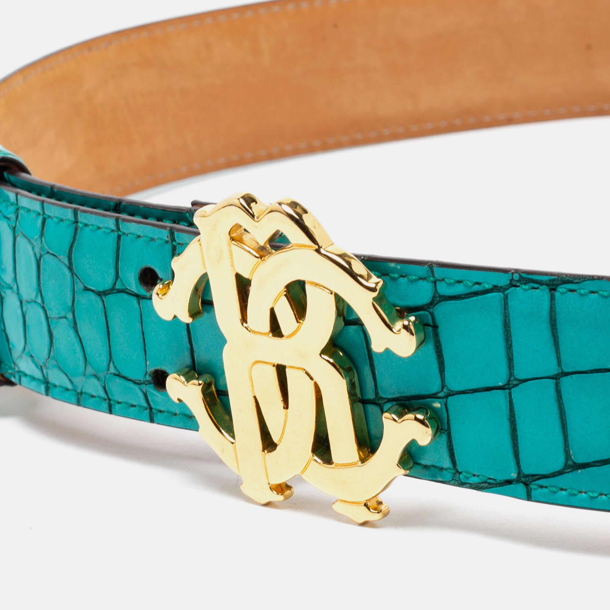 

Roberto Cavalli Turquoise Croc Embossed Leather Logo Buckle Belt, Green