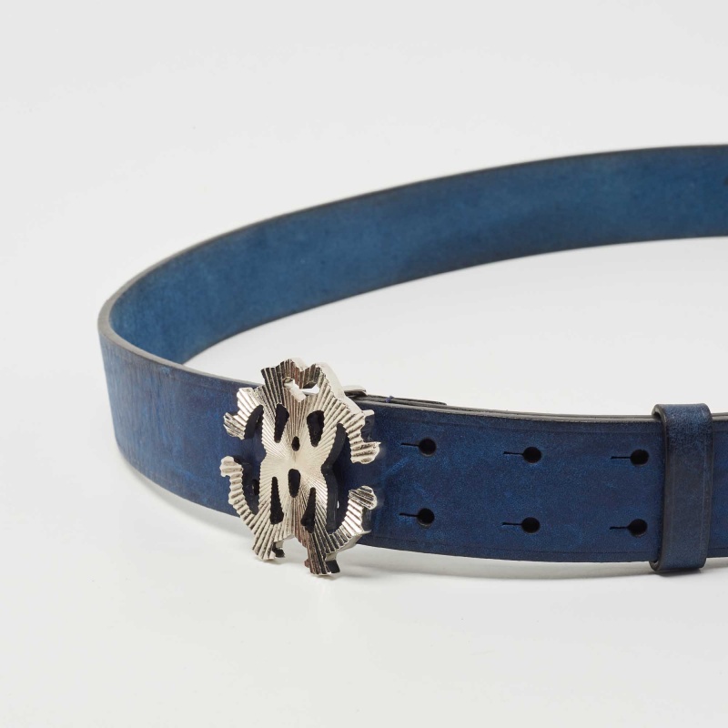 Roberto Cavalli Blue Leather Logo Buckle Belt 105 CM