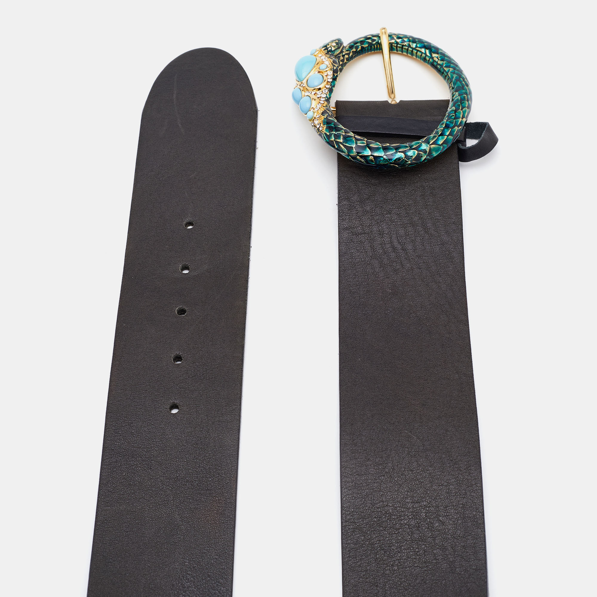 

Roberto Cavalli Black Leather Snake Crystals Embellished Buckle Waist Belt