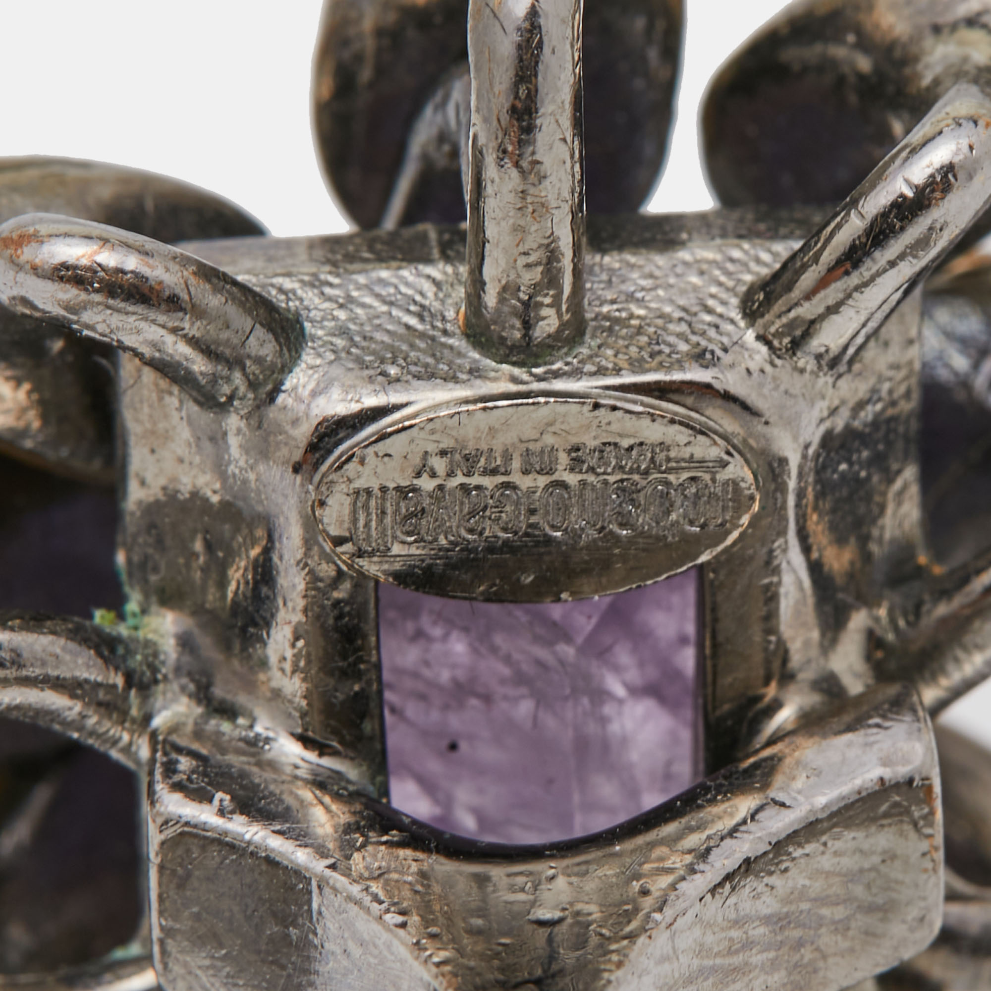 Roberto Cavalli Gunmetal Tone Crystal & Stone Double Finger Ring Size EU 56