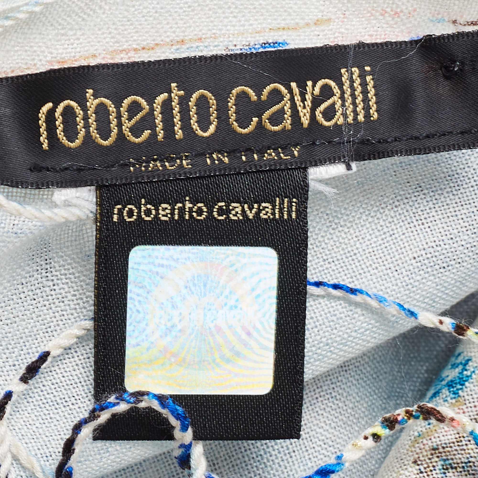 Roberto Cavalli Light Blue Printed Silk & Wool Fringed Scarf