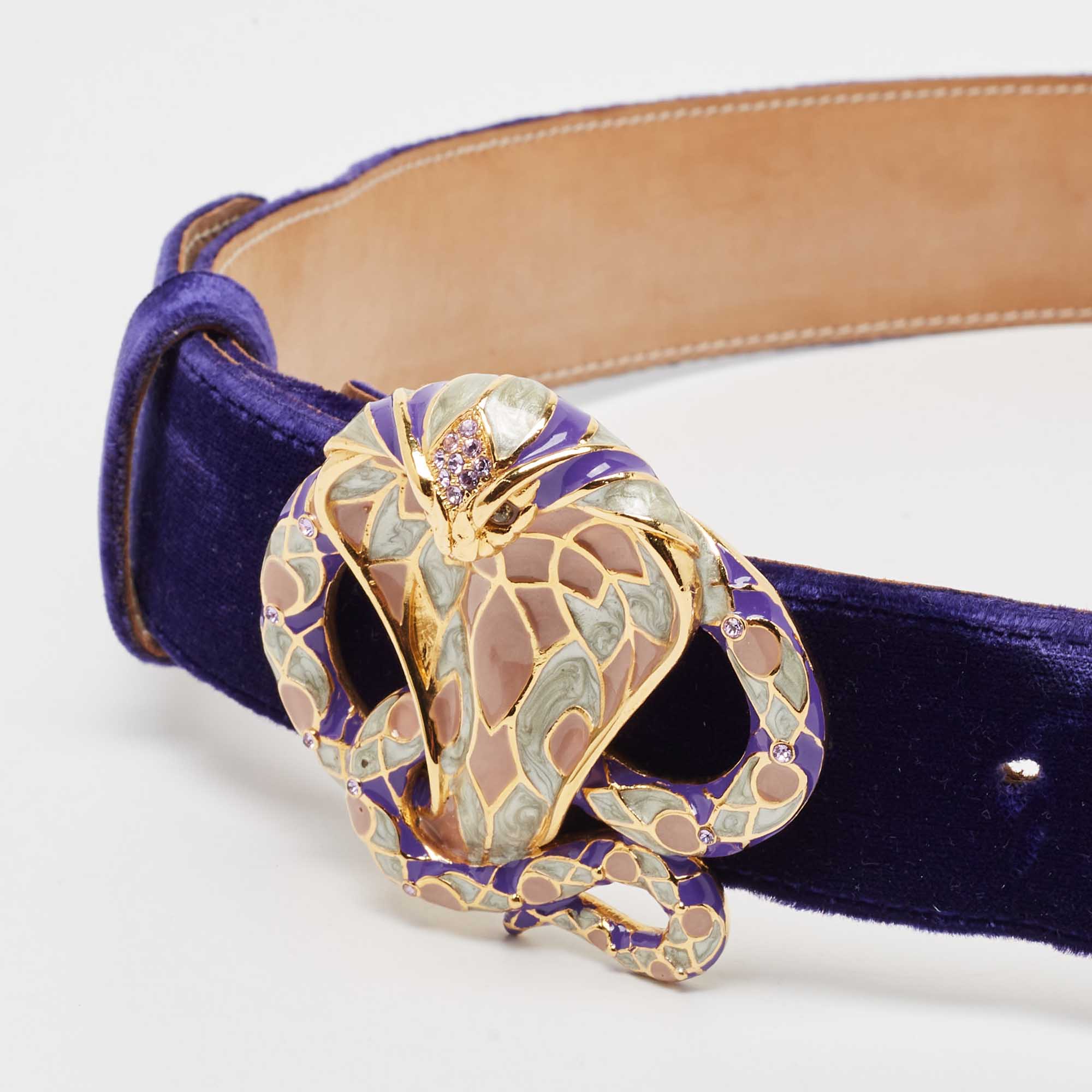 

Roberto Cavalli Blue Velvet Snake Head Crystals Belt, Purple