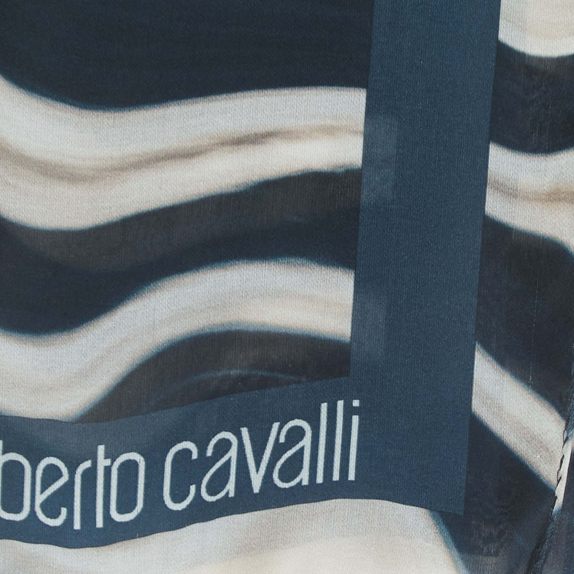Roberto Cavalli Beige/Blue Animal Print Silk Chiffon Scarf