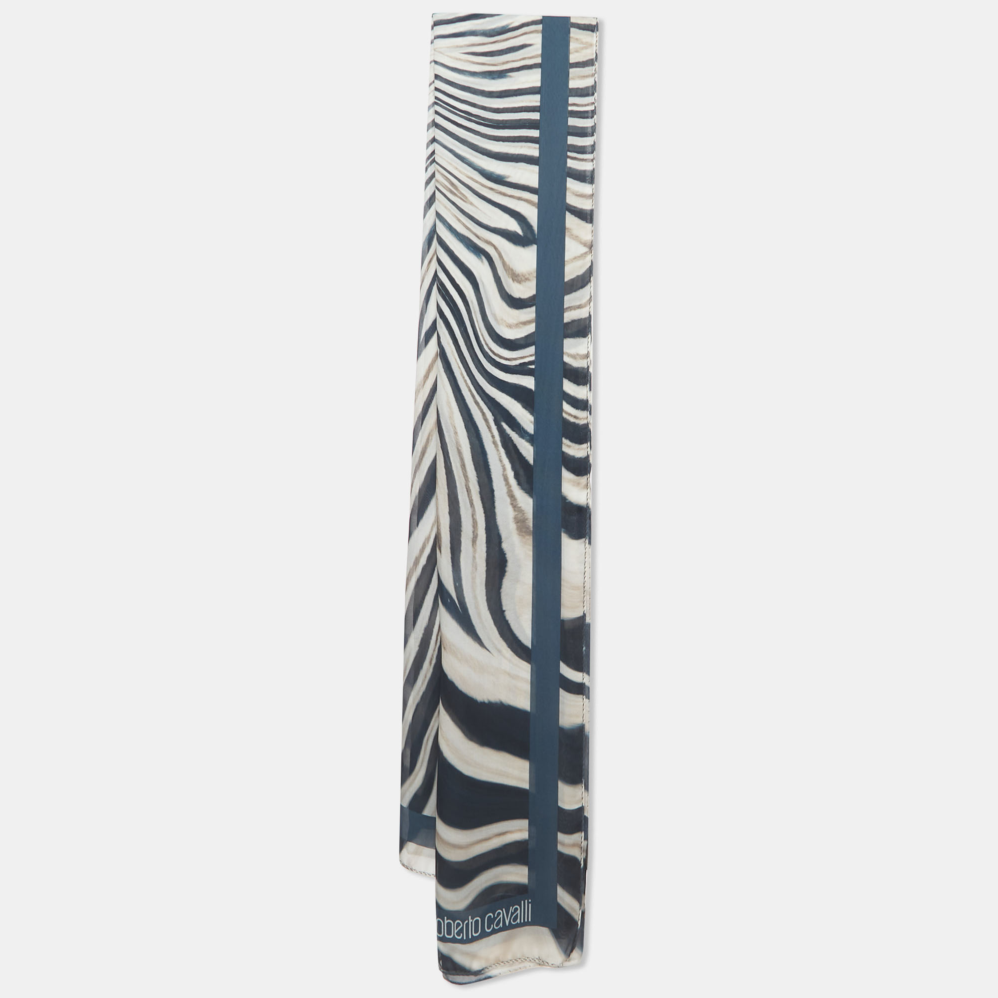 Roberto cavalli beige/blue animal print silk chiffon scarf