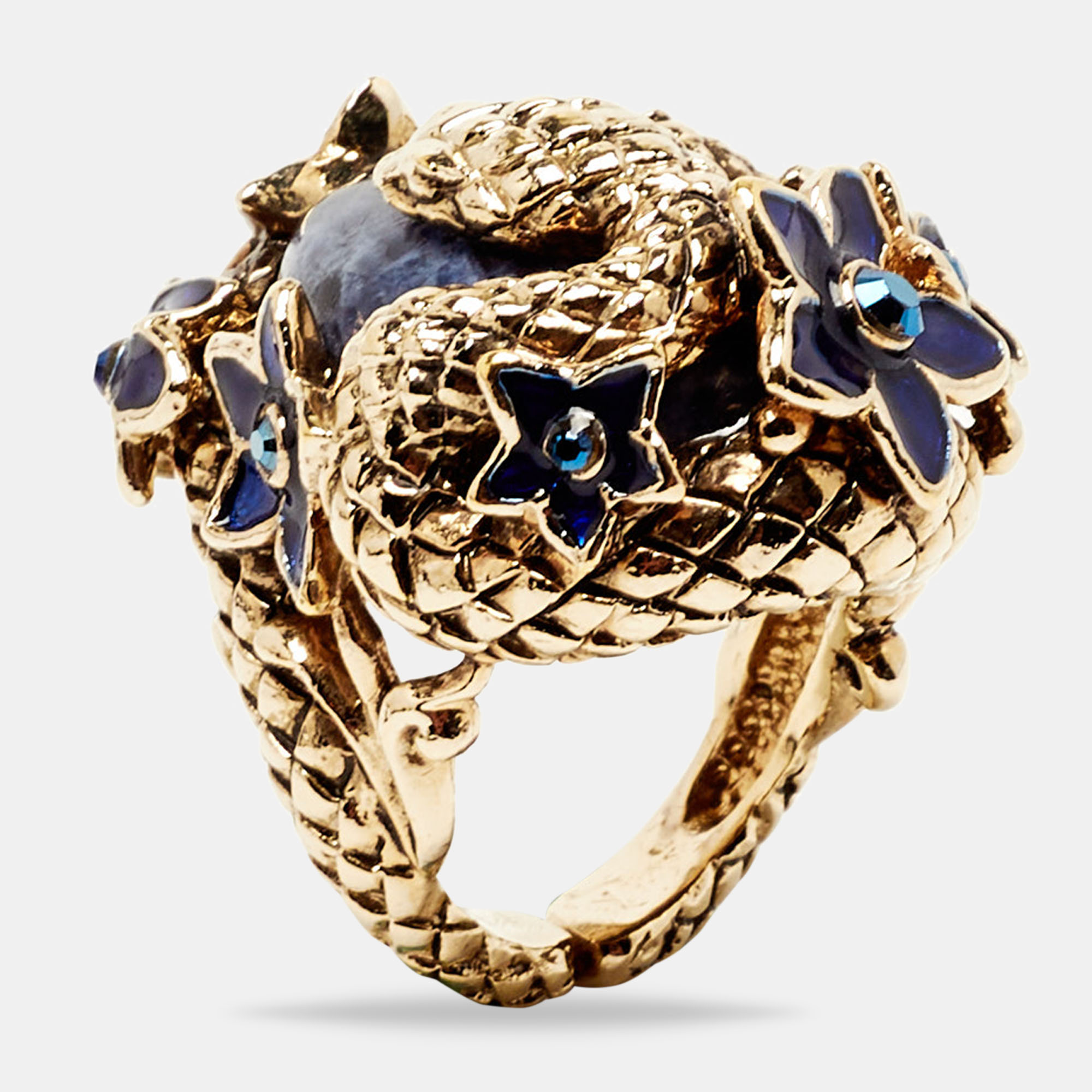 Roberto Cavalli Enamel Crystal Gold Tone Serpenti Ring Size 52