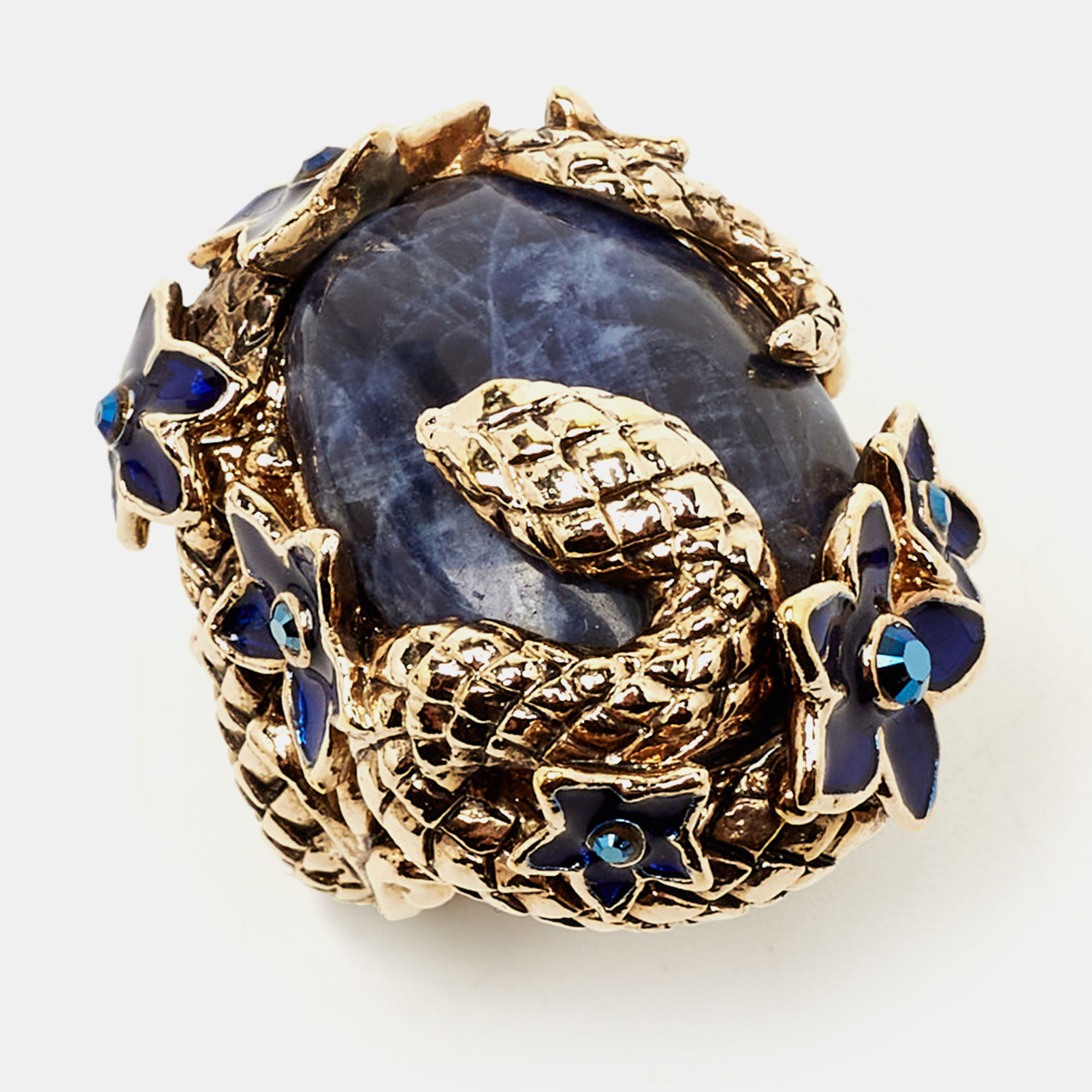 Roberto Cavalli Enamel Crystal Gold Tone Serpenti Ring Size 52