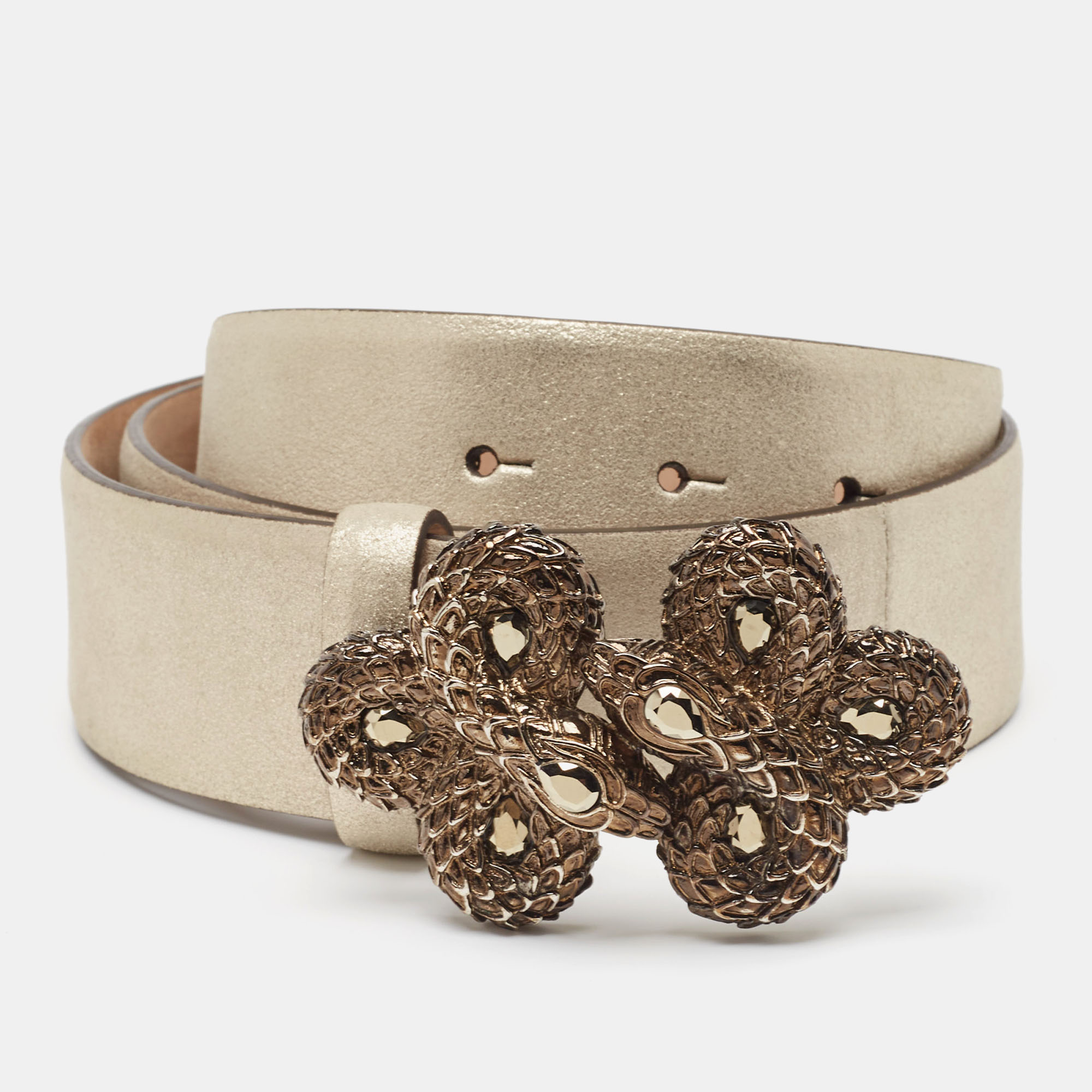 

Roberto Cavalli Gold Nubuck Leather Crystals Embellished Snake Buckle Belt