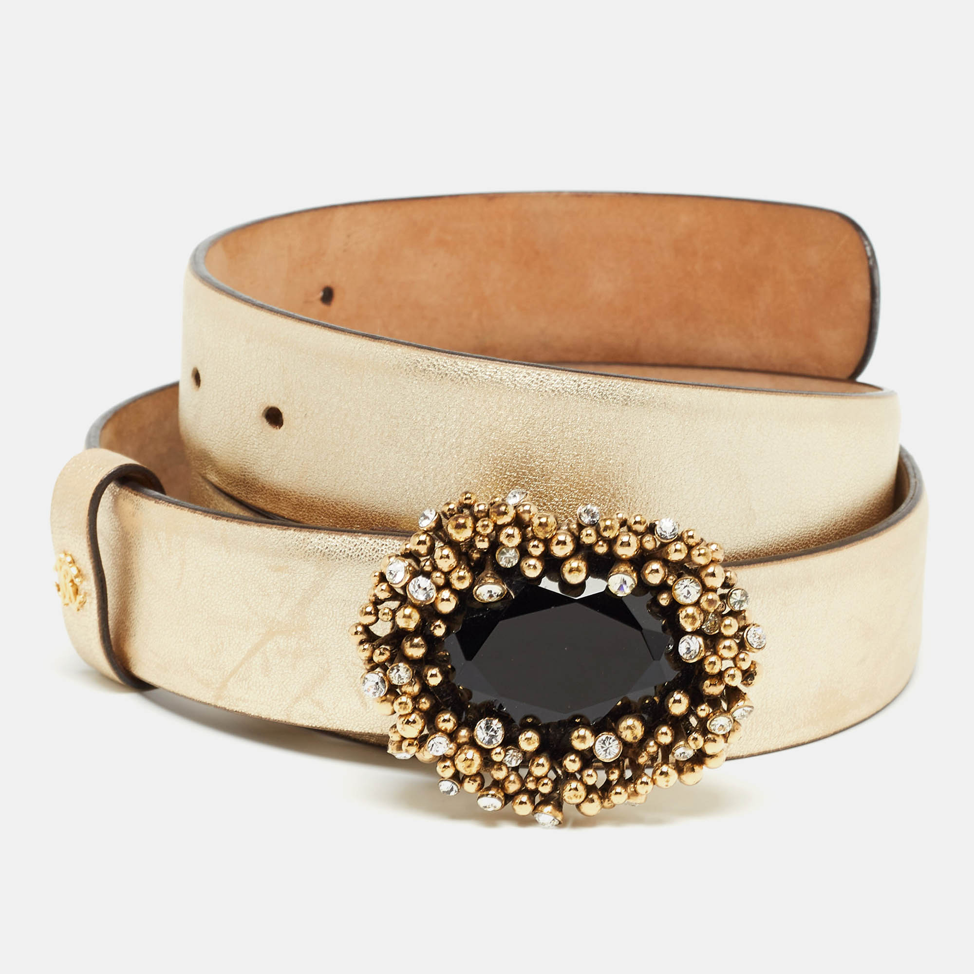Roberto cavalli gold leather crystal embellished buckle belt 100 cm