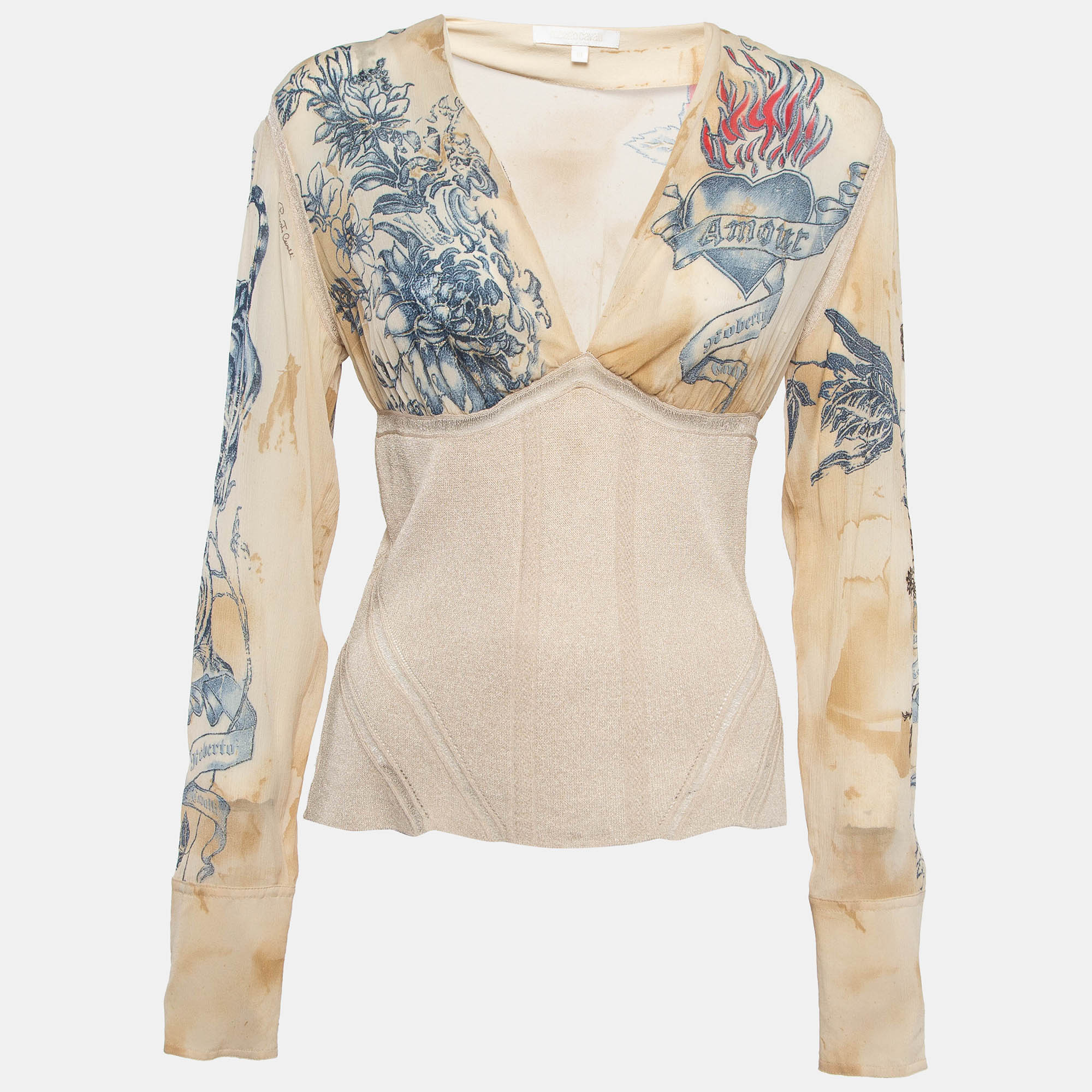 Roberto cavalli beige printed silk and knit blouse m