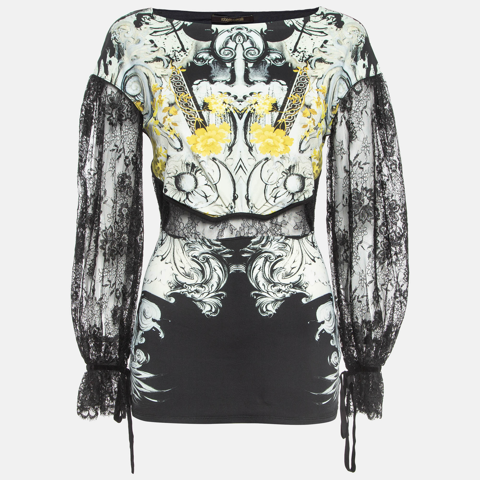 Roberto cavalli jersey multicolor print lace detailed top m