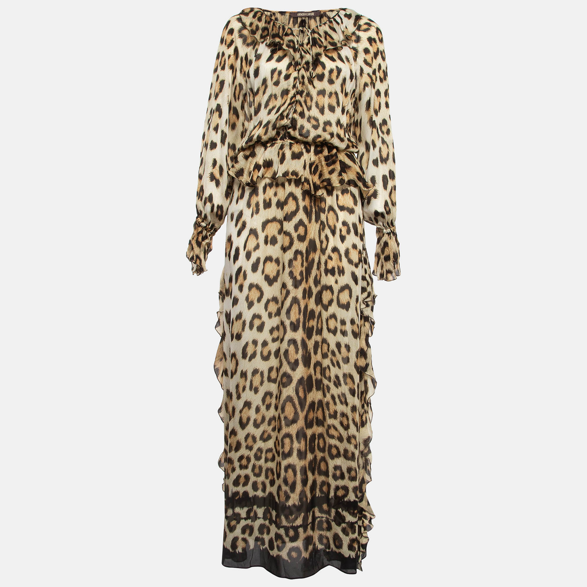 Roberto cavalli brown leopard print silk ruffled maxi dress m