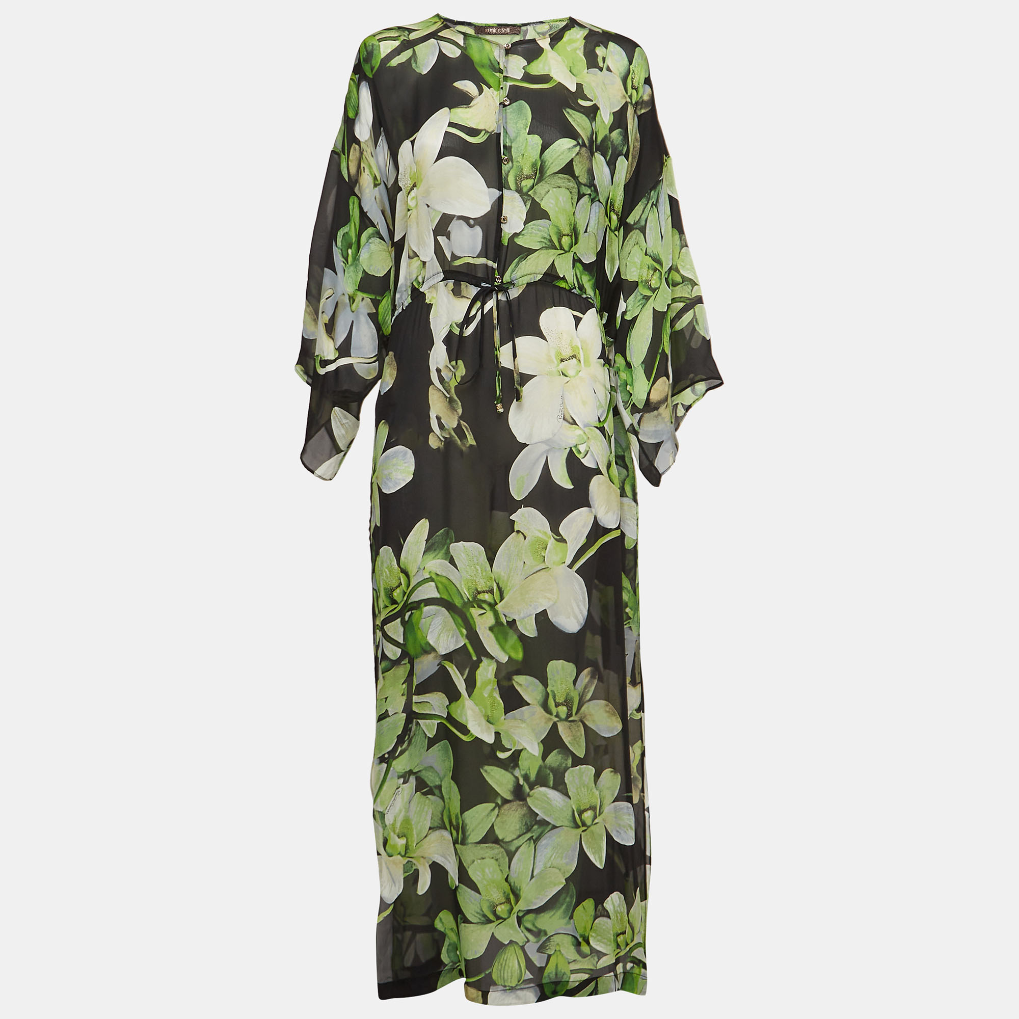 Roberto cavalli green floral print silk sheer maxi dress m