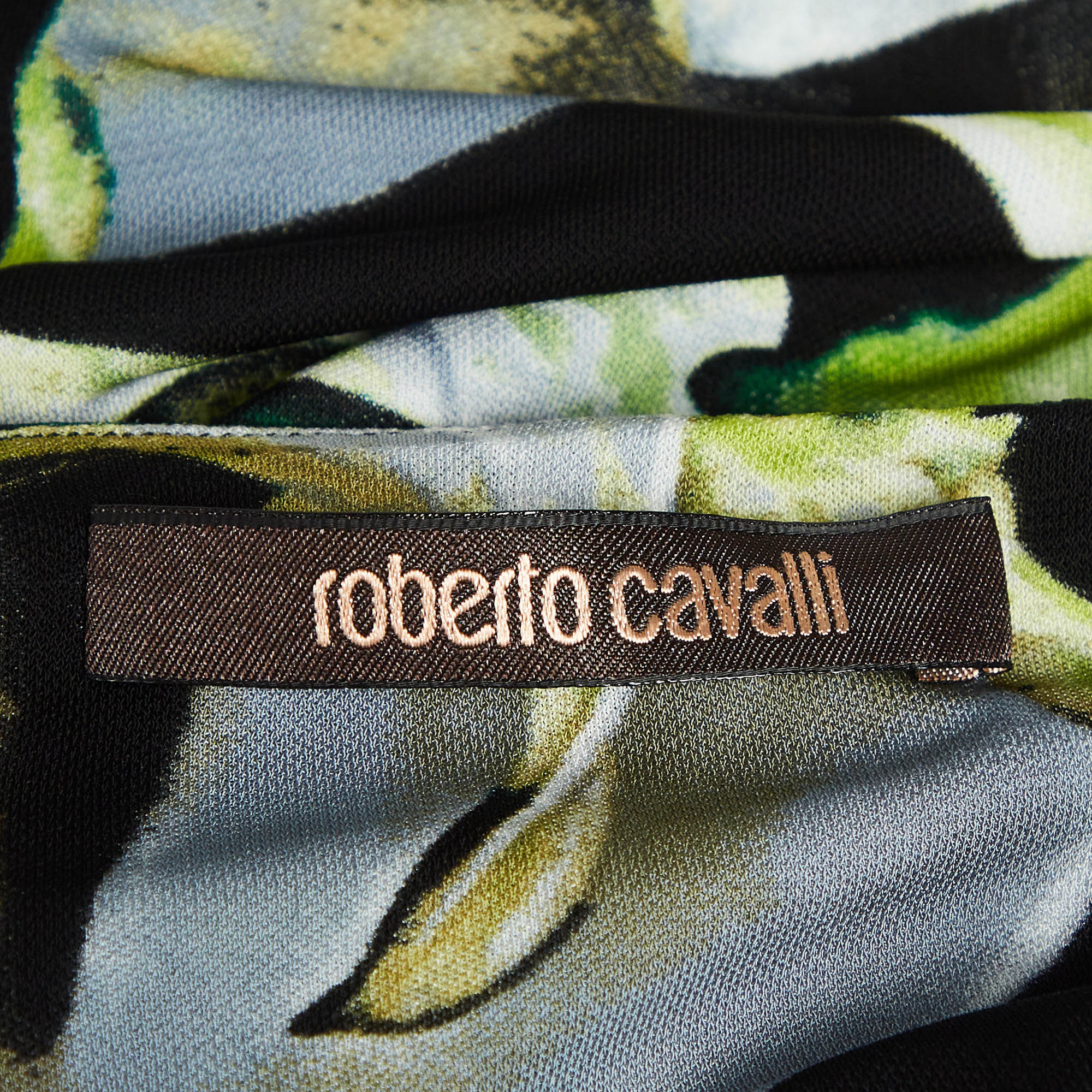 Roberto Cavalli Green Floral Print Jersey Brooch Detail Top M