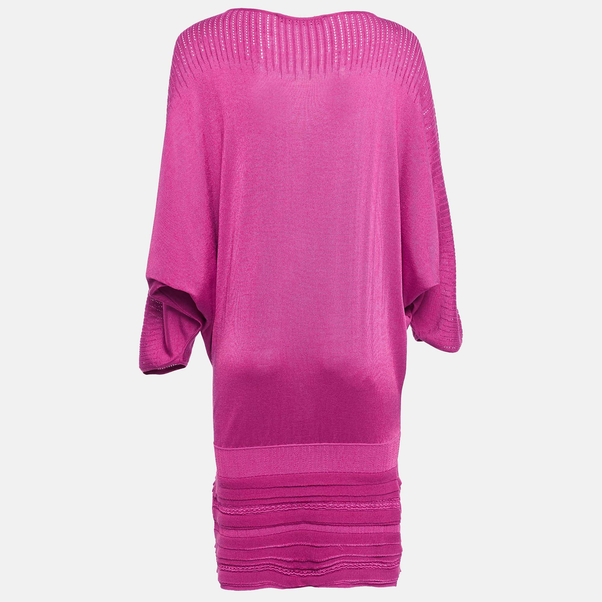 Roberto Cavalli Pink Pointelle Knit Dolman Sleeve Mini Dress M