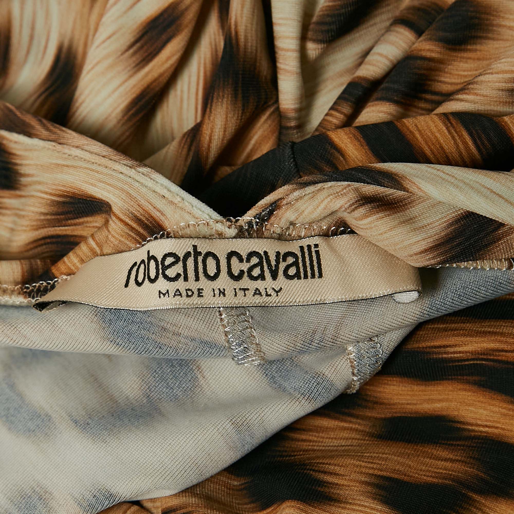 Roberto Cavalli Brown Leopard Print Jersey Ruched Maxi Dress S