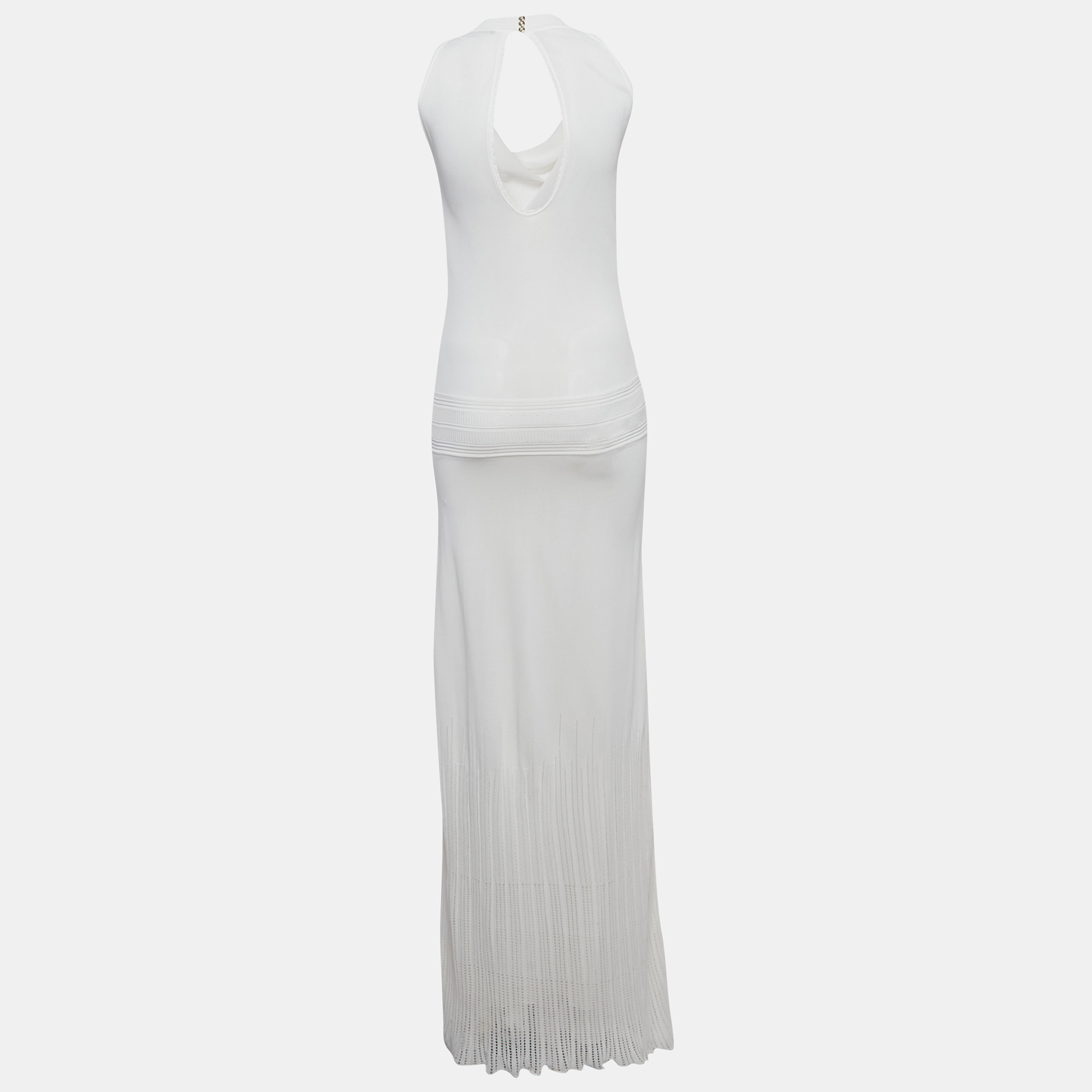 Roberto Cavalli White Pointelle Knit Cowl Neck Maxi Dress S