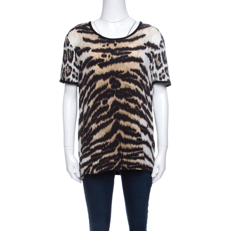Image of Roberto Cavalli Animal Printed Jersey and Silk Short Sleeve Top L
