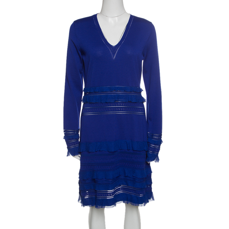 Roberto cavalli navy blue perforated knit ruffle detail long sleeve dress l