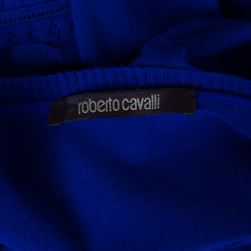 Roberto Cavalli Navy Blue Perforated Knit Ruffle Detail Long Sleeve Dress L