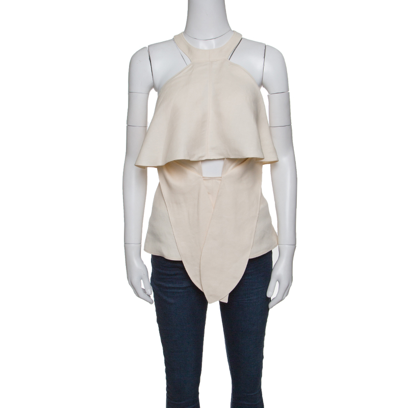 Roberto cavalli firenze beige linen ruffled front tie detail sleeveless top l