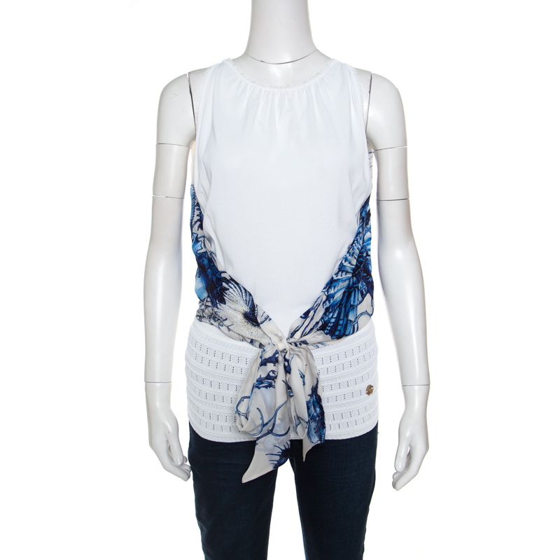 

Roberto Cavalli White and Blue Printed Cutout Back Front Tie Sleeveless Top
